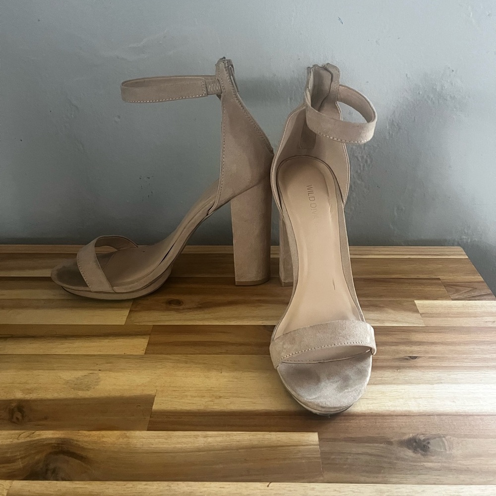 Wild Diva Beige Faux Suede Ankle Strap Heels